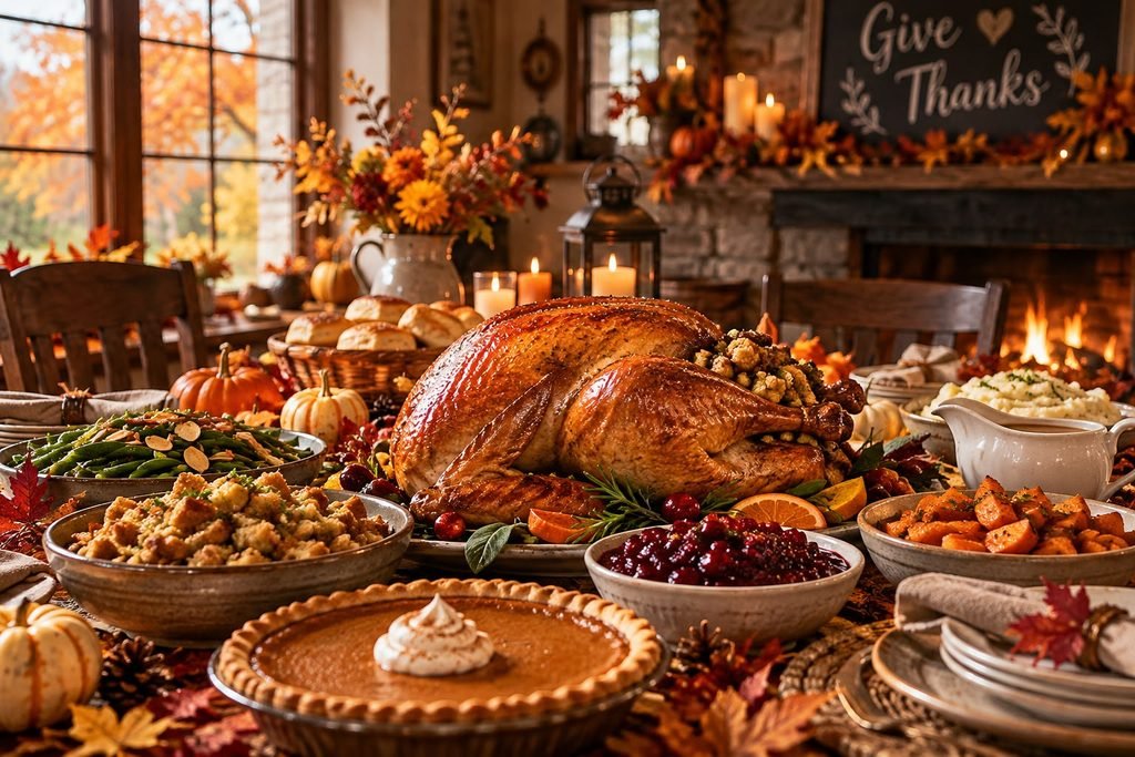 Thanksgiving history and traditional holiday dinner with roasted turkey and pumpkin pie